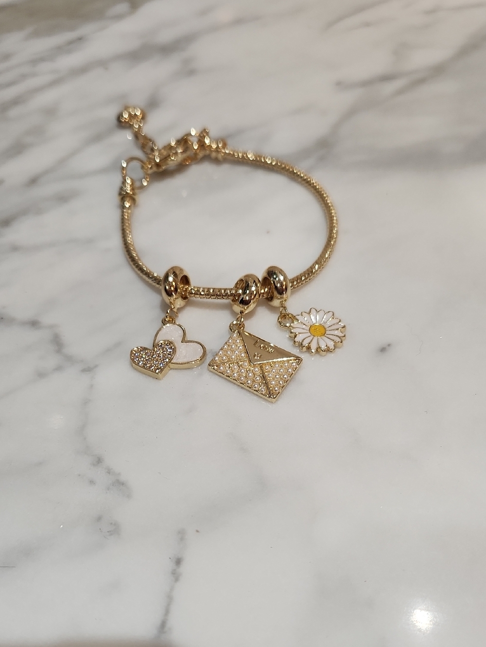 Gold Charm Bracelet with Hearts, Envelope & Daisy